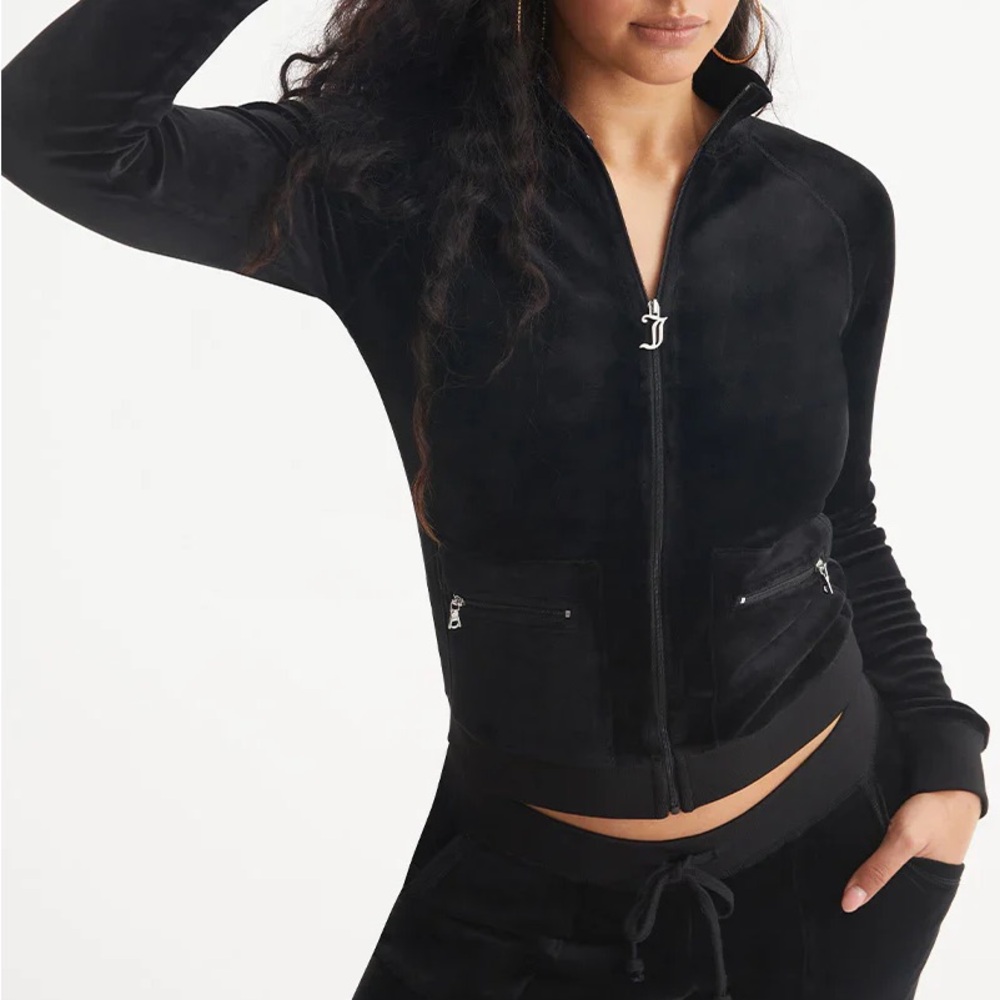 90s Juicy Couture Black Velour Zip-Up Jacket Sweat Top High Collar 1990 Fly Girl